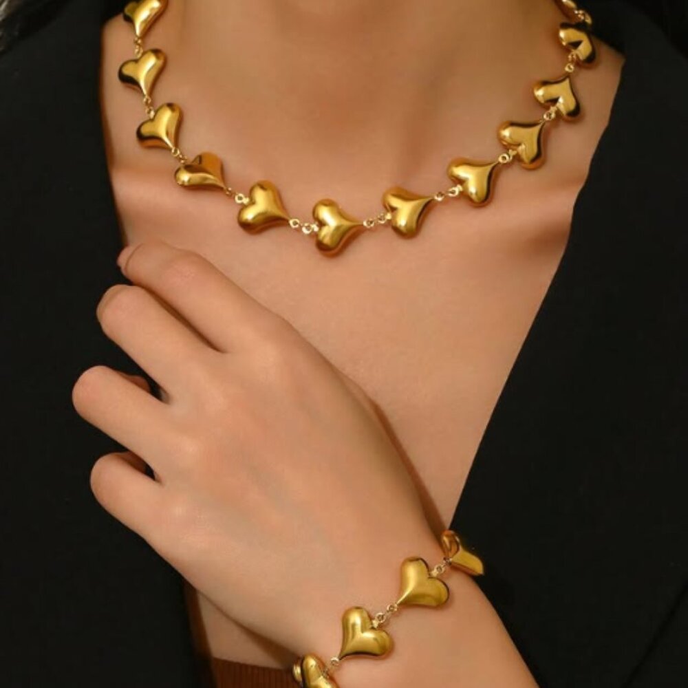 Stainless Steel Chain Necklace and Bracelet multi-heart gold Plated